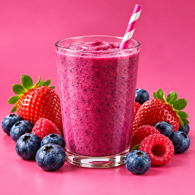 Berry Good Times smoothie in a tall glass with raspberries and blueberries around it