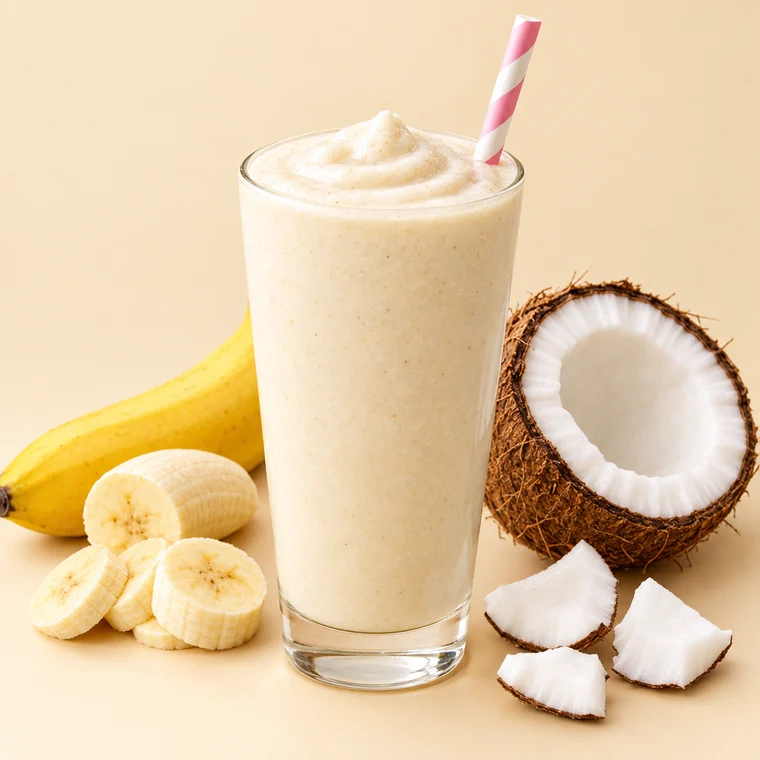 Coco Cruiser smoothie in a tall glass with banana and coconut pieces around it