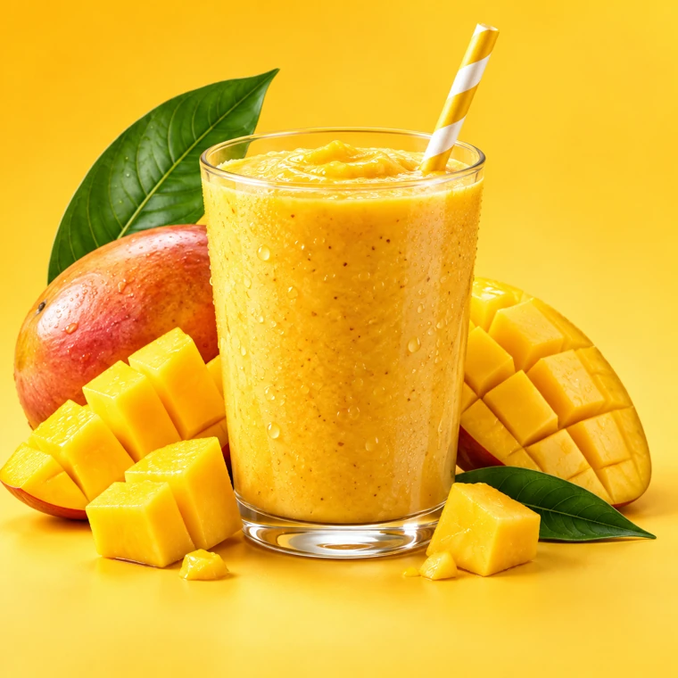 Mango Motion smoothie in a tall glass with a striped straw and mango pieces around it
