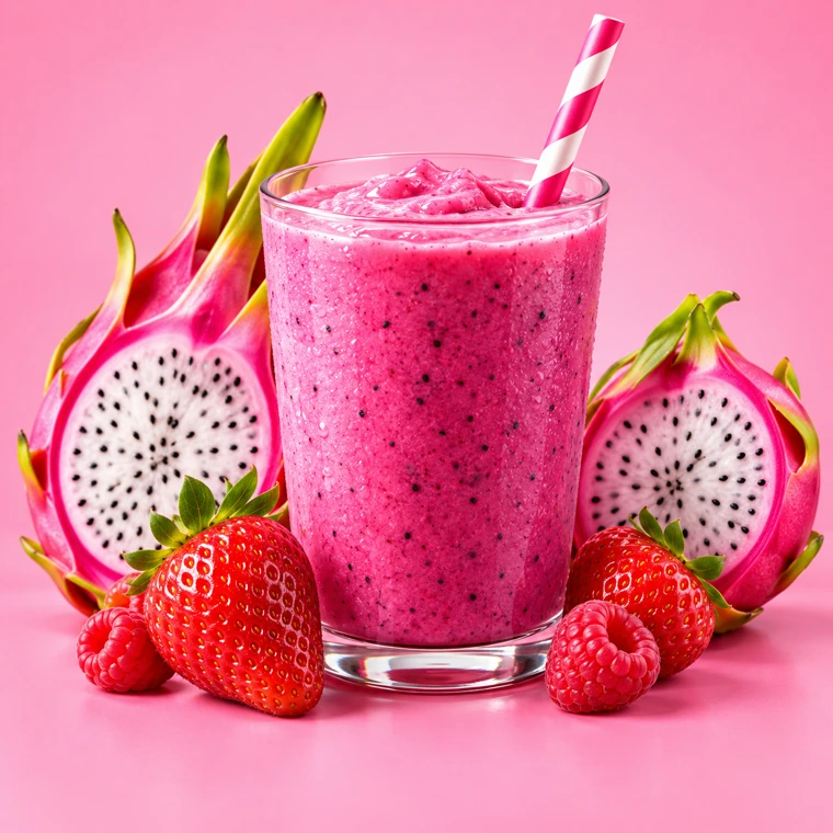 Pink Pedal smoothie in a tall glass with dragon fruit halves around it