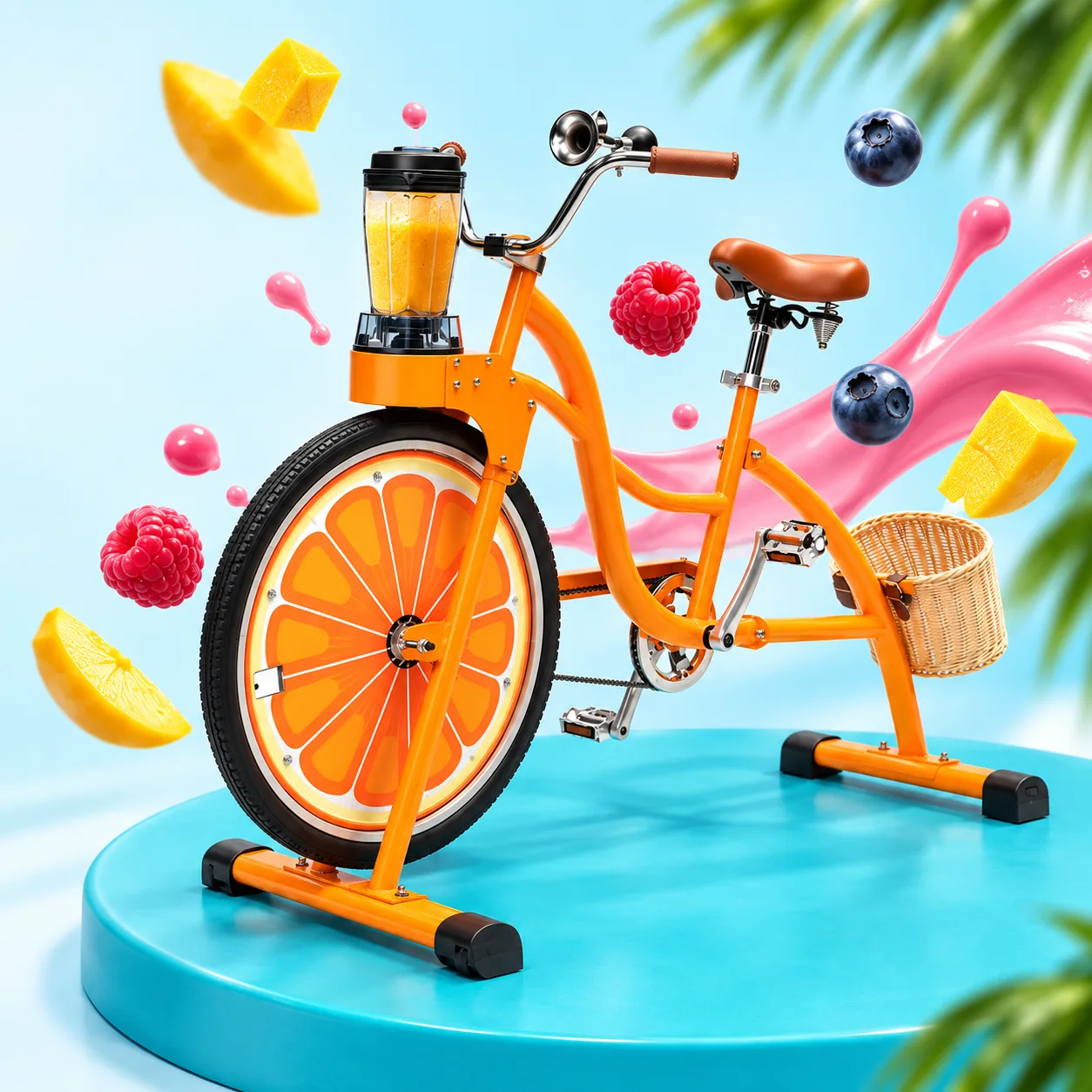 Orange smoothie bike on an aqua platform with mango, berries and a pink smoothie splash